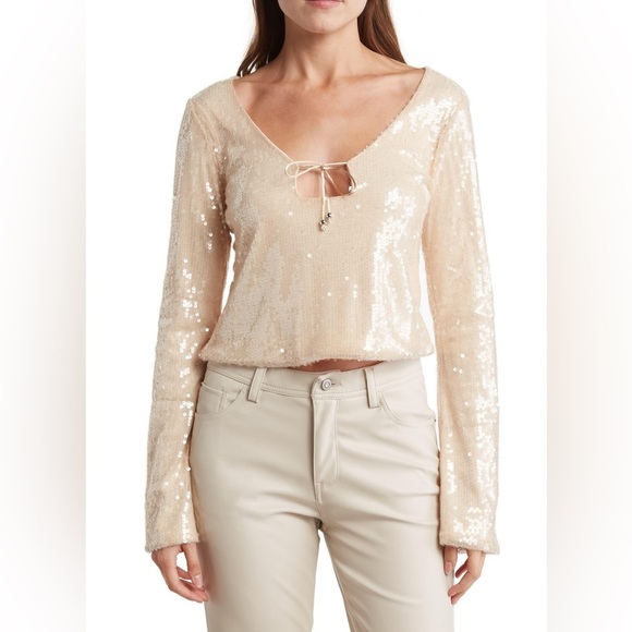 Elodie Sequin Tie Front Top In Taupe - Picture 3 of 9